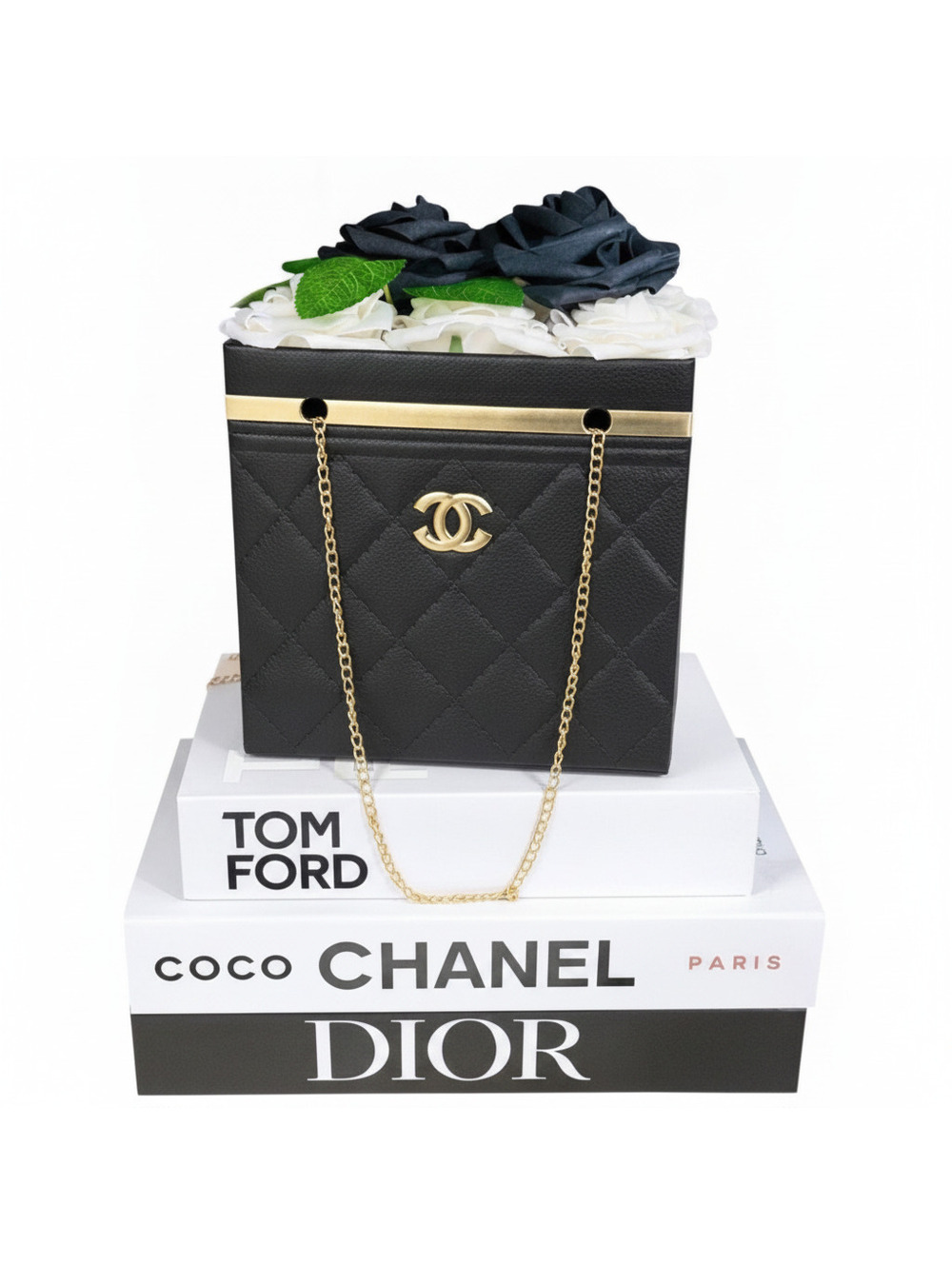 Black Quilted Box Mini Bag with Gold Hardware CC Emblem Flower Bouquet Holder - Picture 4 of 5
